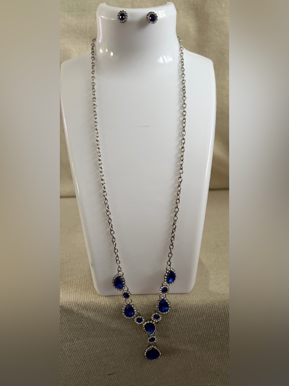 Silver-Tone Necklace With Royal Blue Teardrop Gems